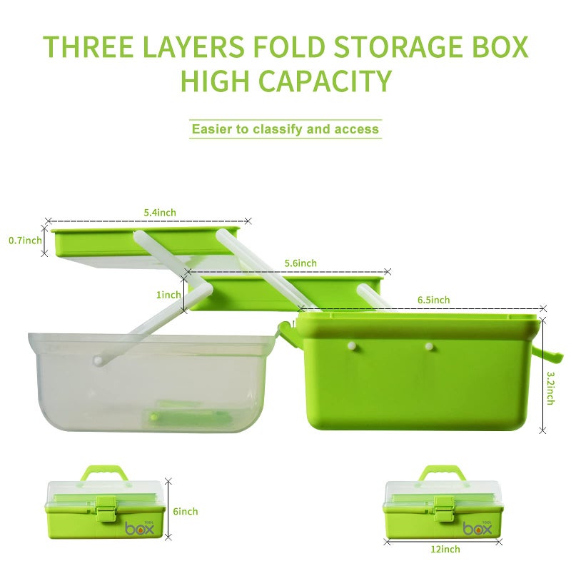 TERGOO 12in Three-Layer Multipurpose Storage Box Folding Tool Box/Art & Crafts Case/Sewing Supplies Organizer/Medicine Box/Family First Aid Box with 2 Trays (Green) - Image 2